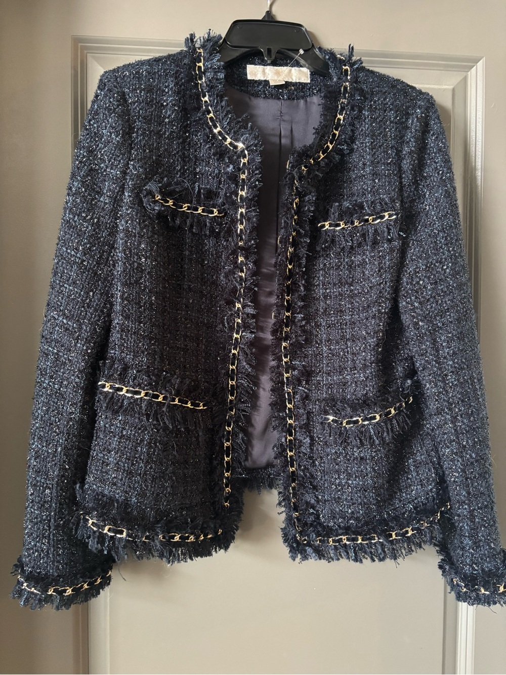 Boston Proper Navy Tweed Jacket with Gold Chain Trim